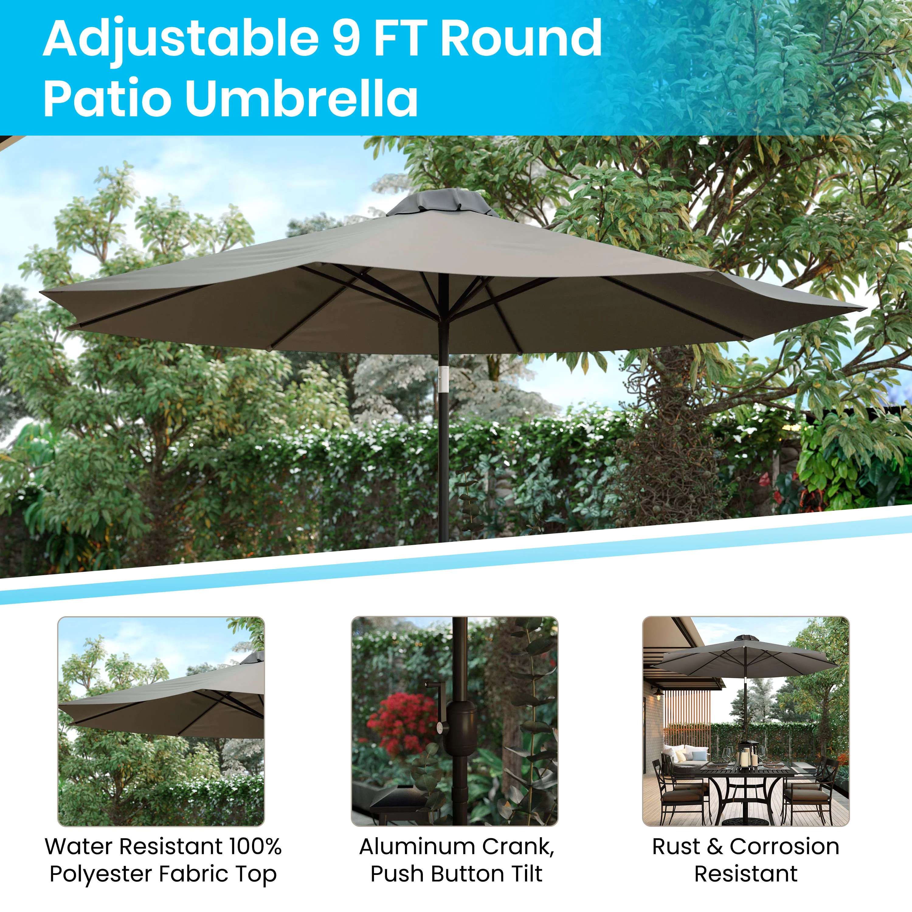 Kona 9 FT Round Umbrella with 1.5" Diameter Aluminum Pole with Crank and Tilt Function - Image 53