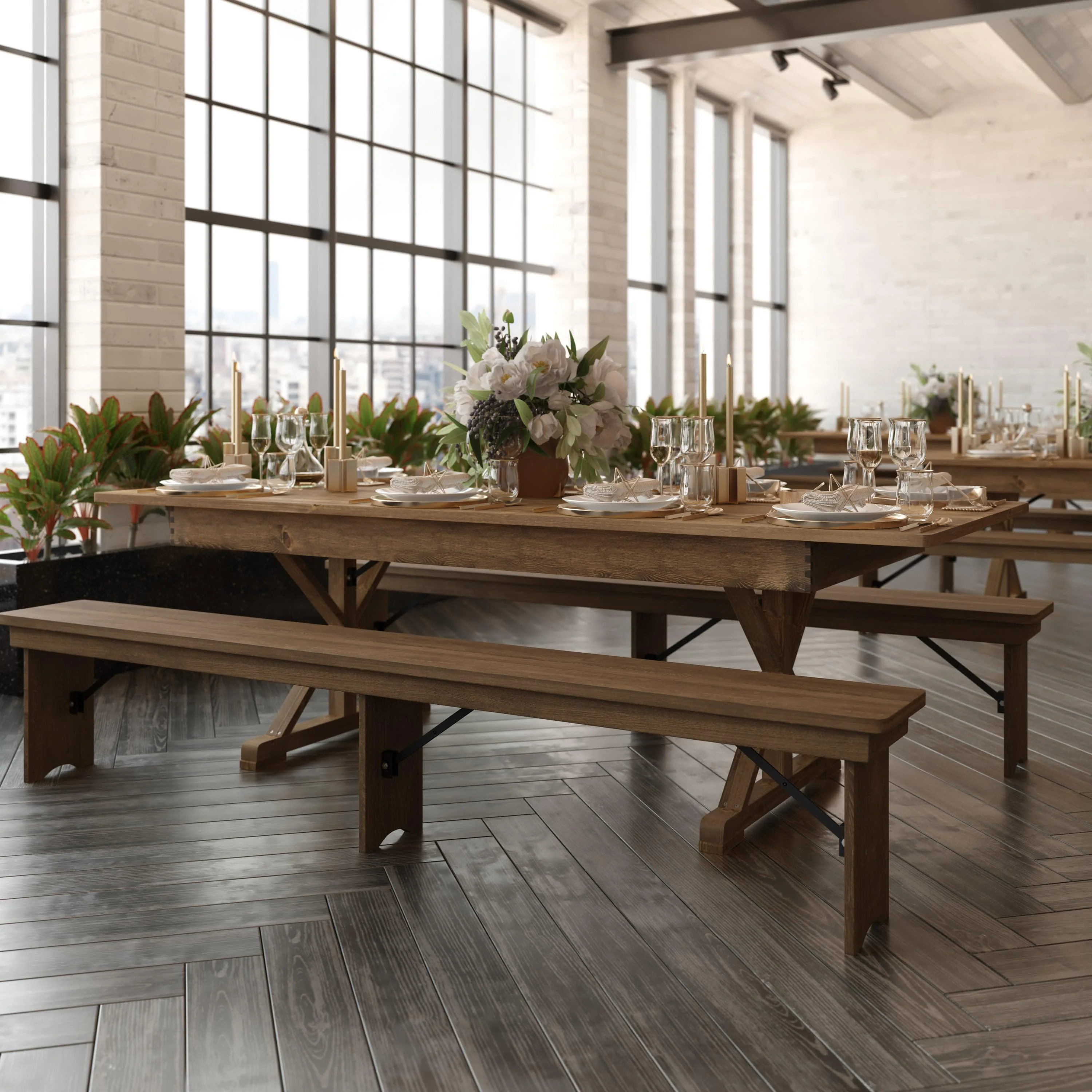 HERCULES 8' x 40" Rectangular Solid Pine Folding Farm Table with X Legs - Image 6