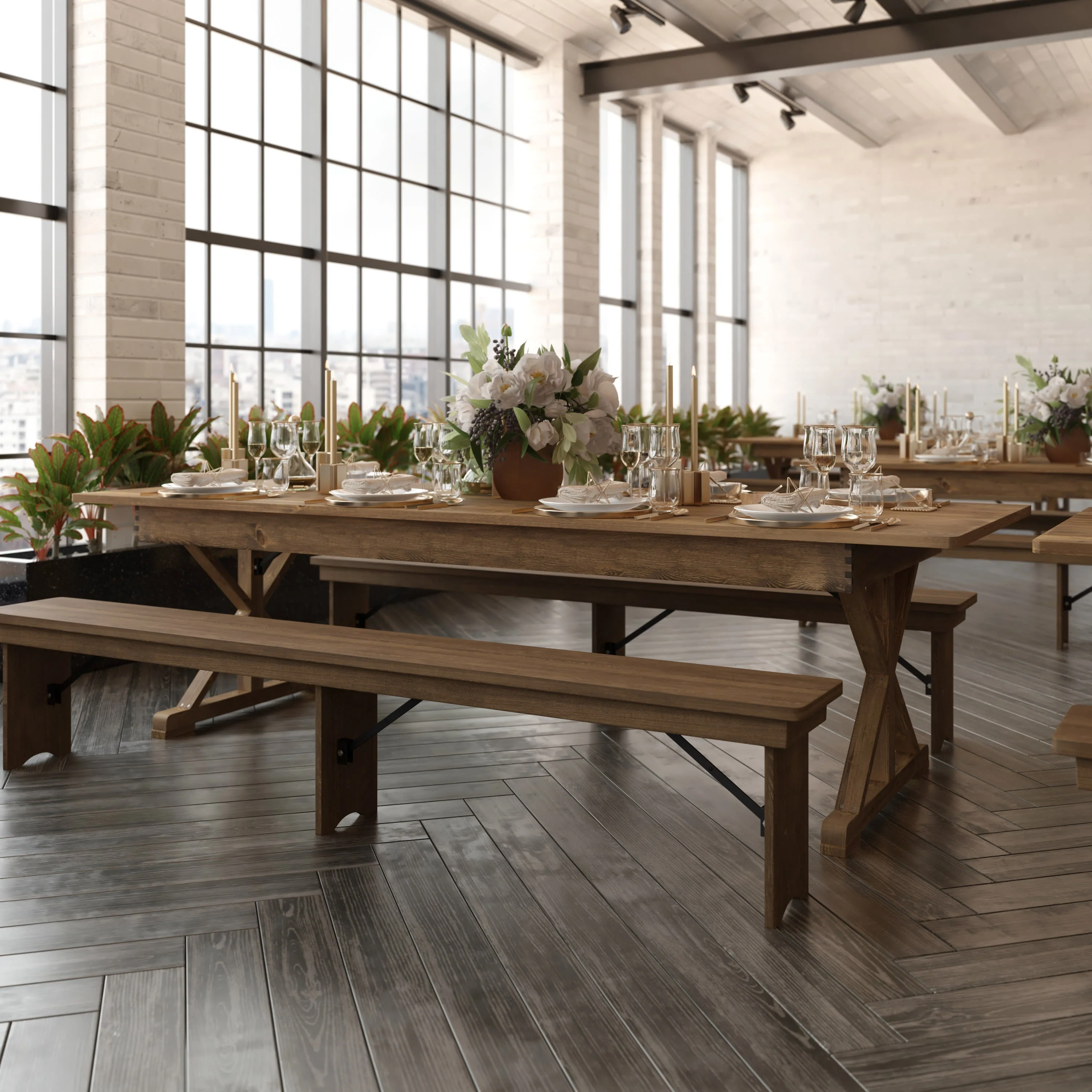 HERCULES 9' x 40" Rectangular Solid Pine Folding Farm Table with X Legs - Image 20