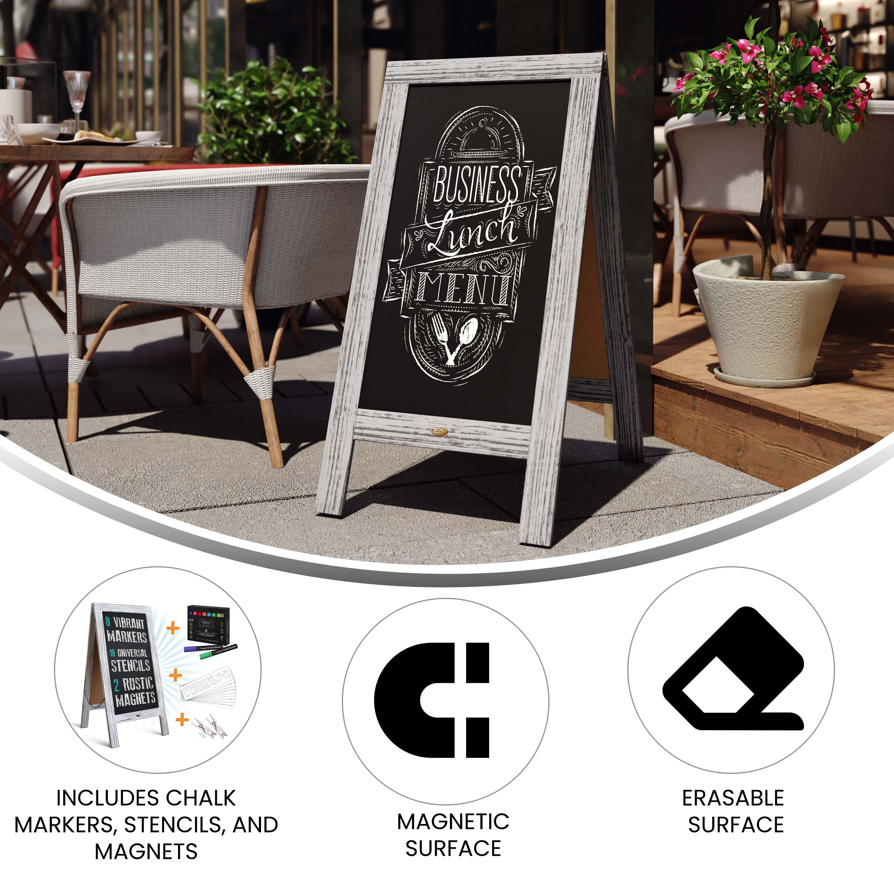 Canterbury Wooden Indoor/Outdoor A-Frame Magnetic Chalkboard Sign Set with 8 Chalk Markers, 10 Stencils, Eraser, and 2 Magnets - Image 13