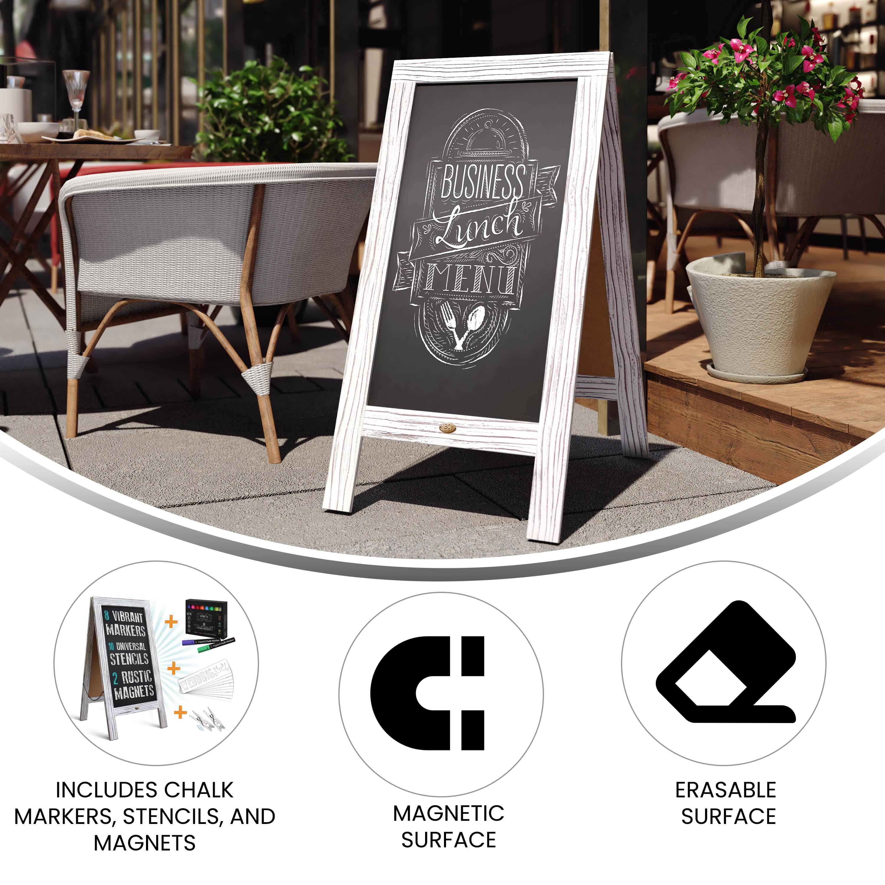 Canterbury Wooden Indoor/Outdoor A-Frame Magnetic Chalkboard Sign Set with 8 Chalk Markers, 10 Stencils, Eraser, and 2 Magnets - Image 4