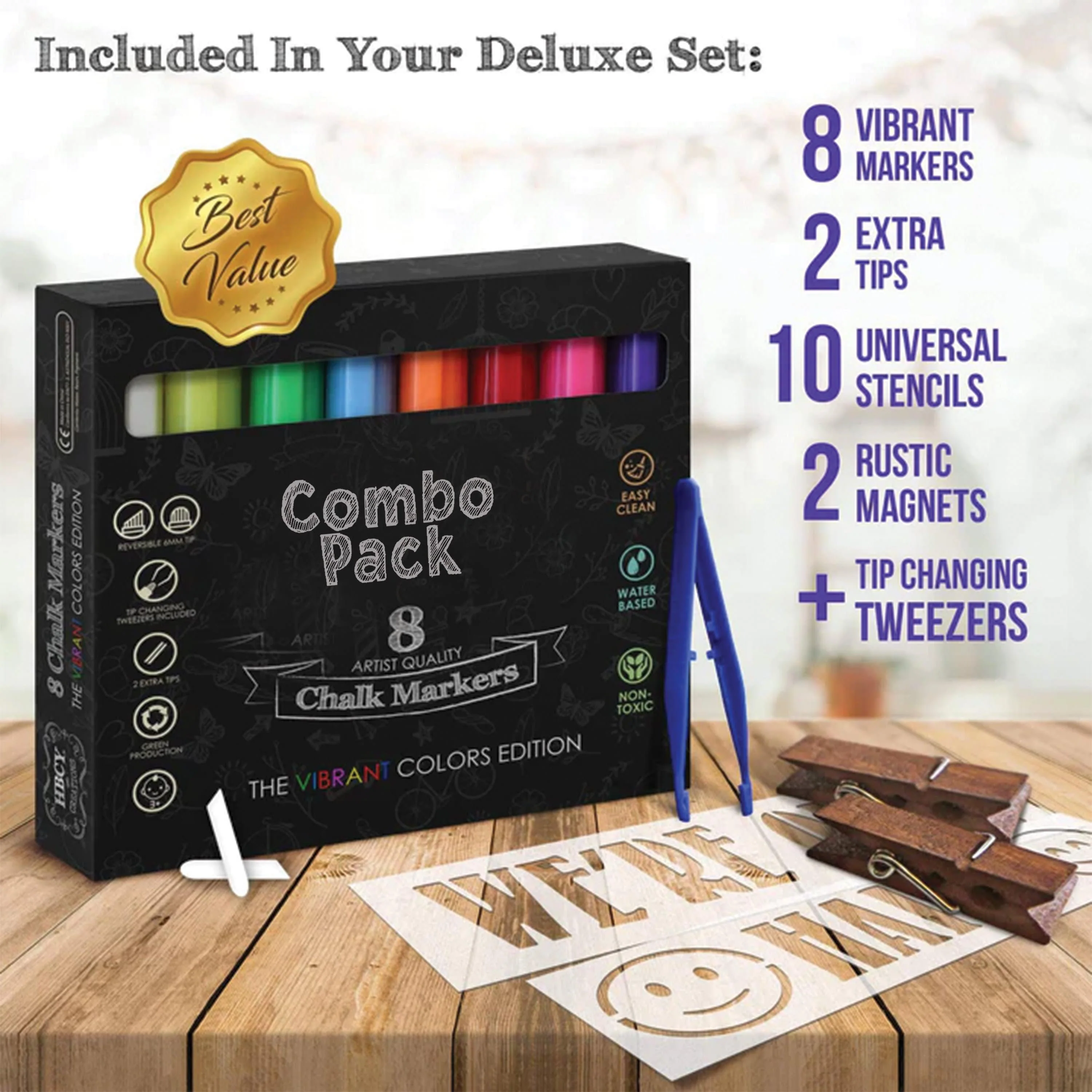 Canterbury Wooden Indoor/Outdoor A-Frame Magnetic Chalkboard Sign Set with 8 Chalk Markers, 10 Stencils, Eraser, and 2 Magnets - Image 8