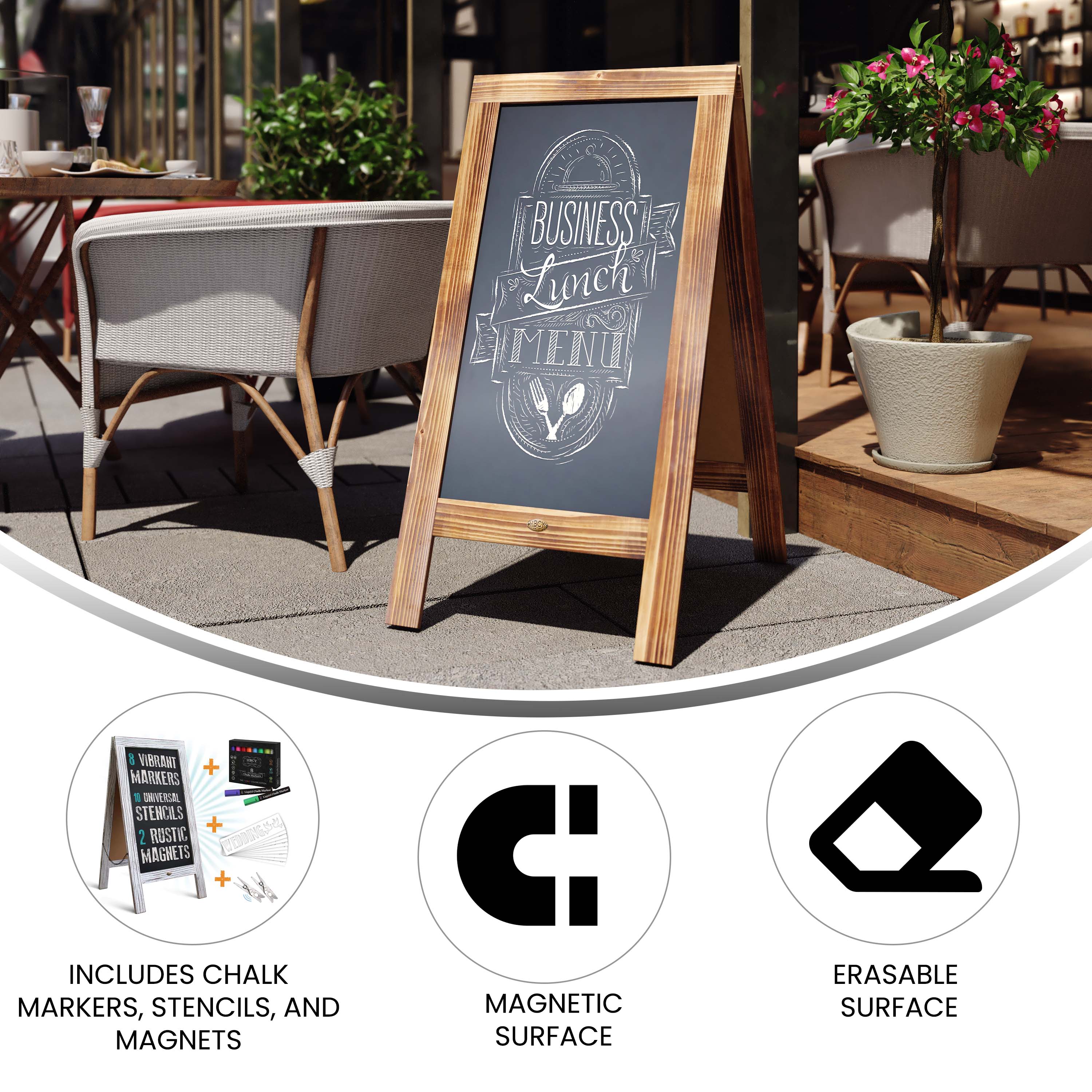 Canterbury Wooden Indoor/Outdoor A-Frame Magnetic Chalkboard Sign Set with 8 Chalk Markers, 10 Stencils, Eraser, and 2 Magnets - Image 94